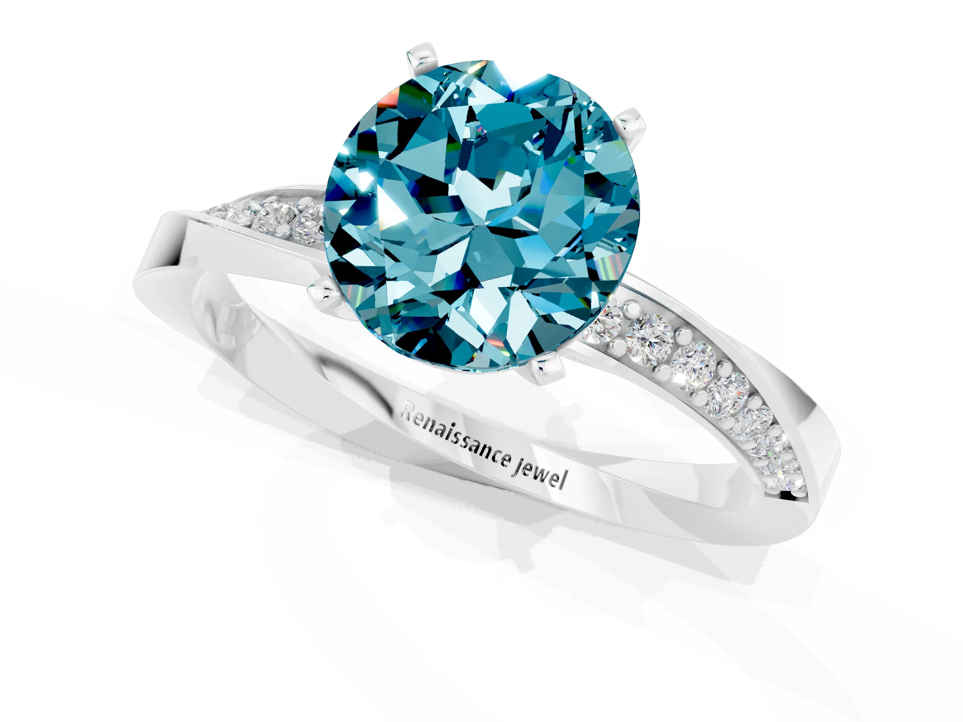 White gold Round Cut Blue Topaz Engagement Ring with Side Stone Accents and Four-Prong Setting_28