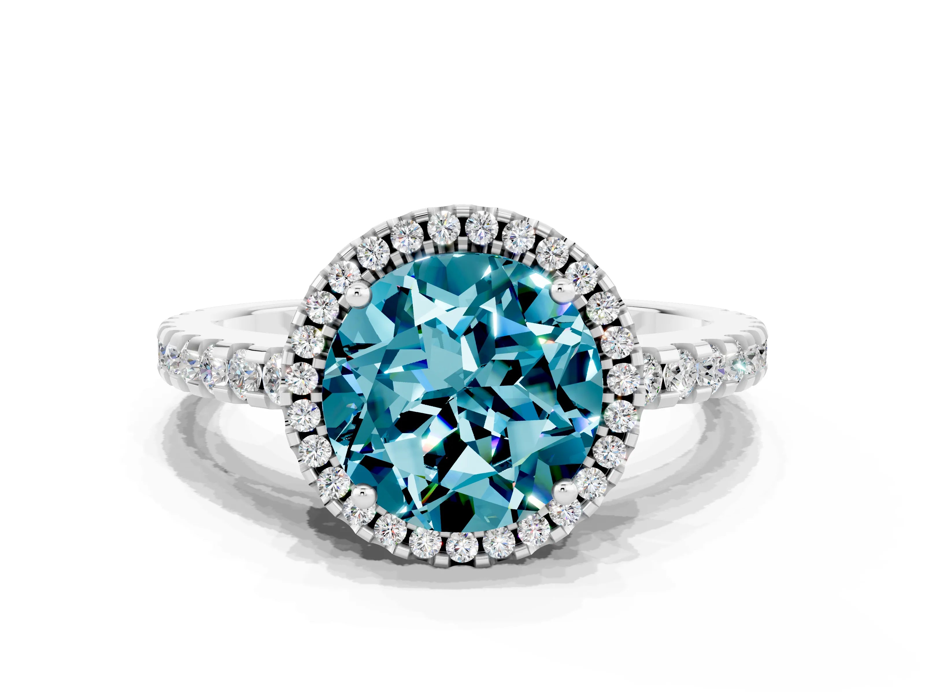 White gold Round Cut Blue Topaz Halo Engagement Ring with Pavé Band and Prong Setting_32