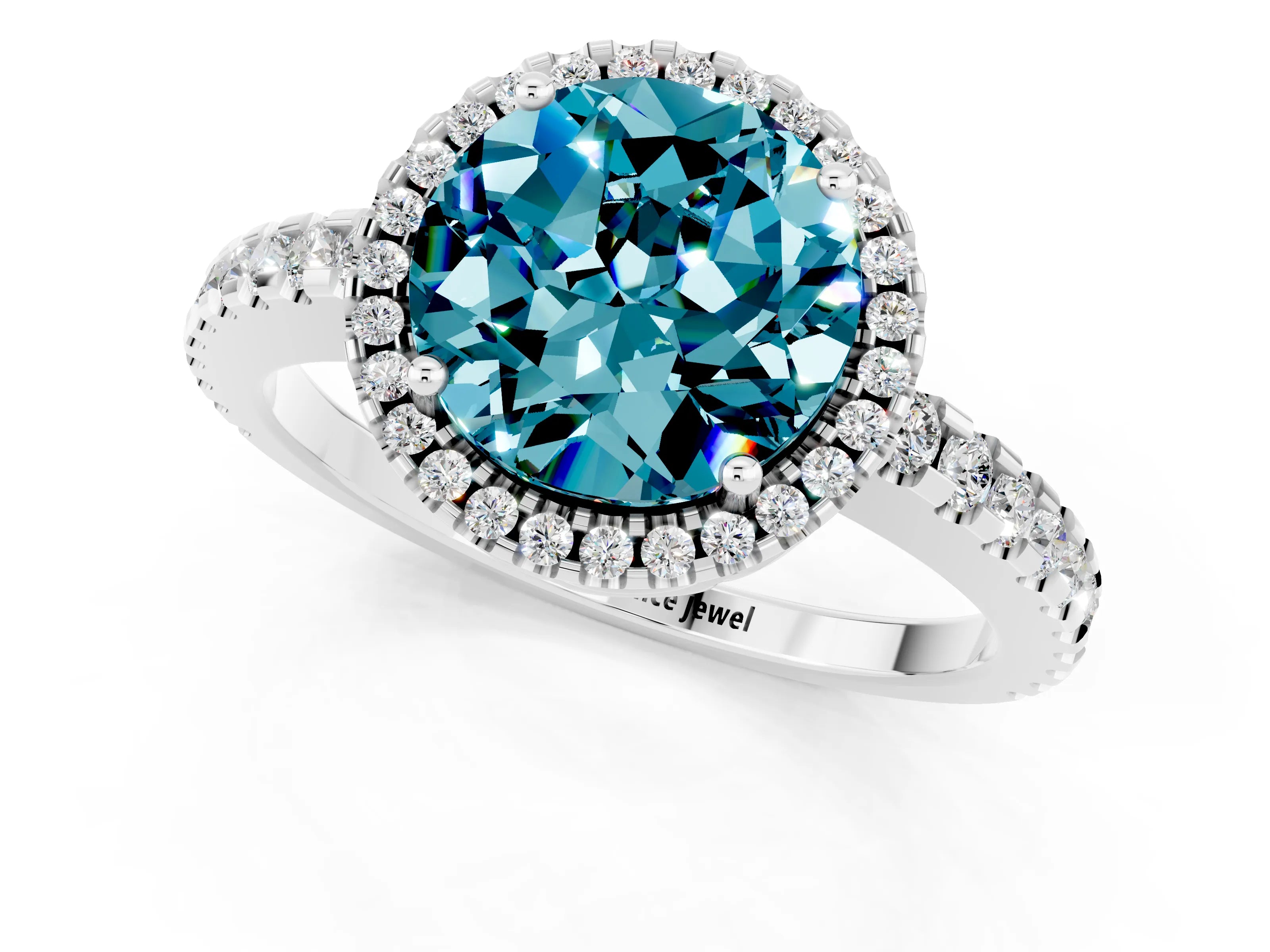 White gold Round Cut Blue Topaz Halo Engagement Ring with Pavé Band and Prong Setting_33
