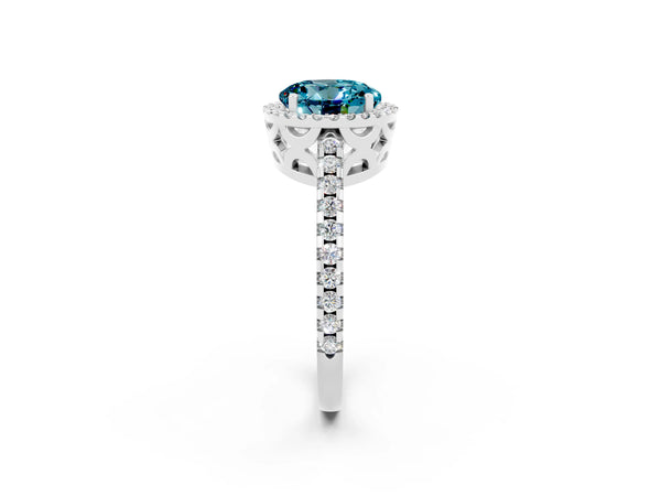 White gold Round Cut Blue Topaz Halo Engagement Ring with Pavé Band and Prong Setting