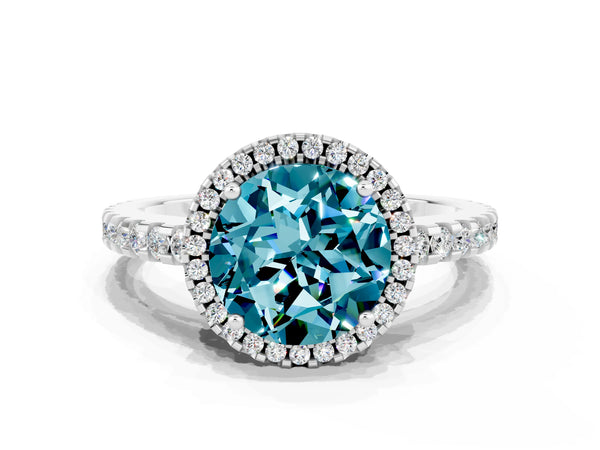 Silver Round Cut Blue Topaz Halo Engagement Ring with Pavé Band and Prong Setting