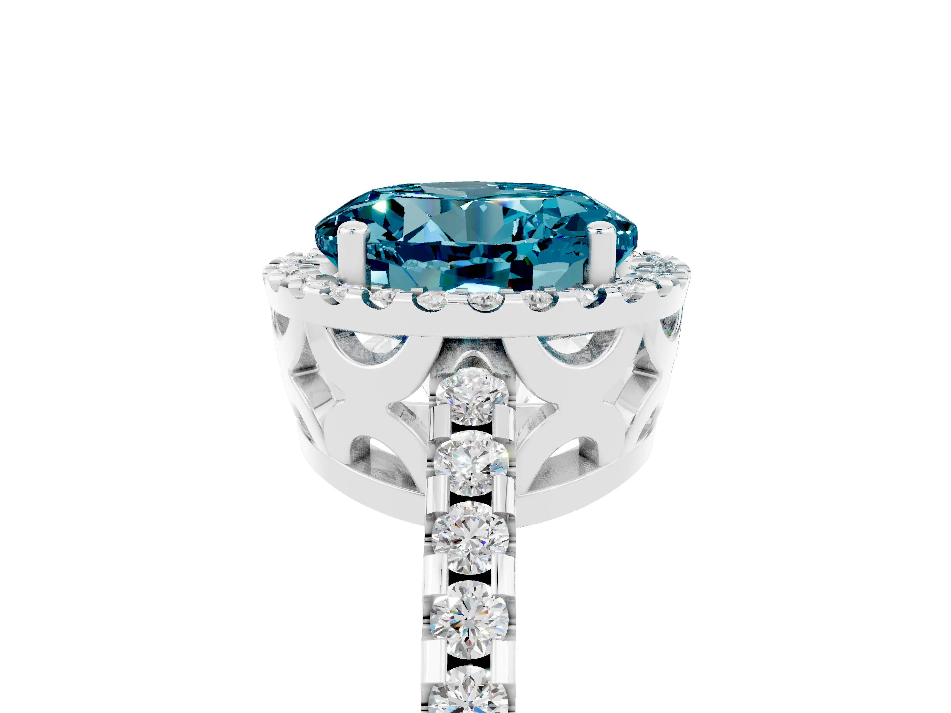White gold Round Cut Blue Topaz Halo Engagement Ring with Pavé Band and Prong Setting_37