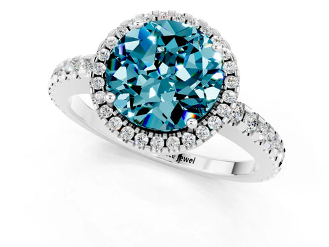 White gold Round Cut Blue Topaz Halo Engagement Ring with Pavé Band and Prong Setting_37