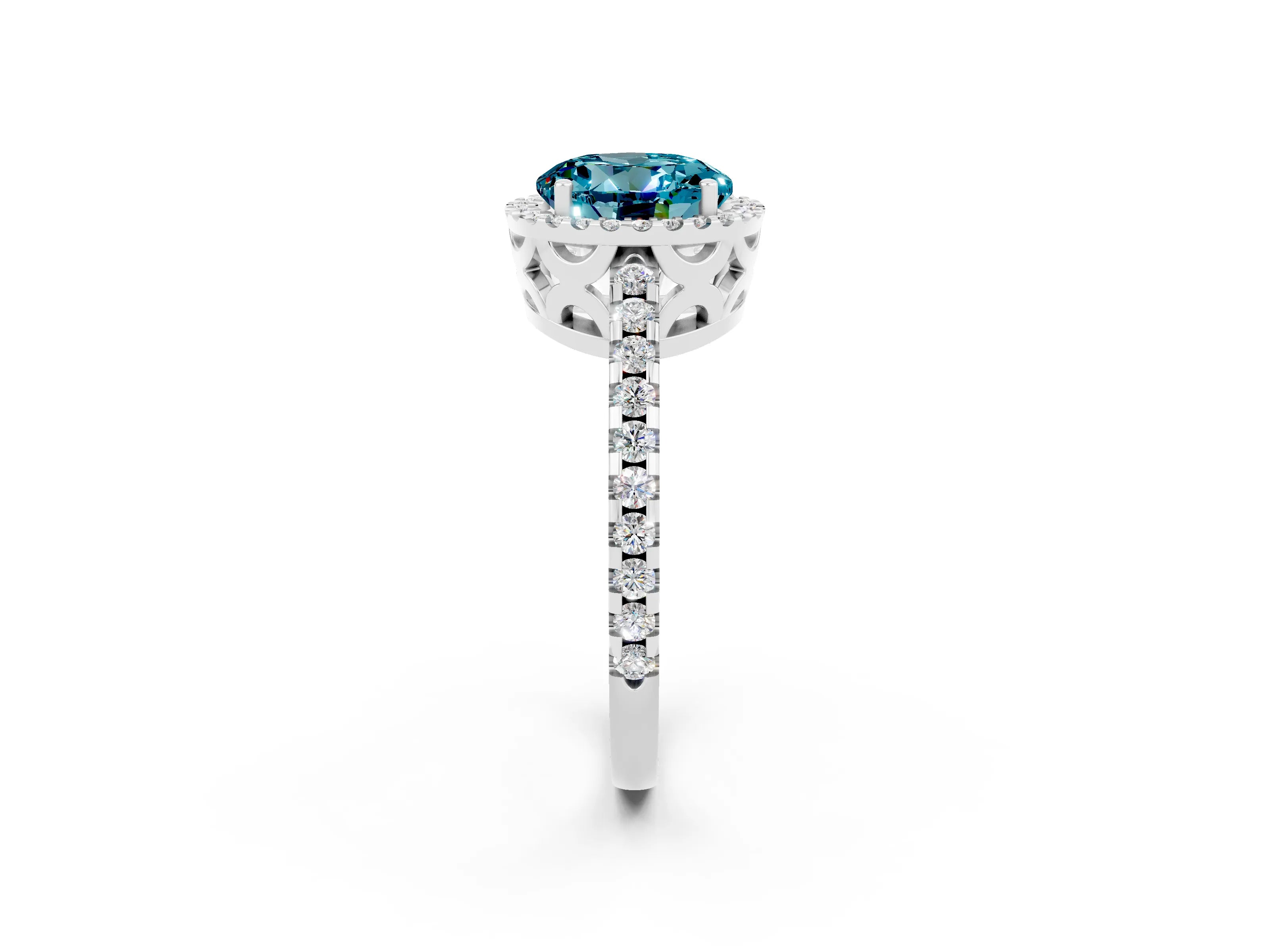 White gold Round Cut Blue Topaz Halo Engagement Ring with Pavé Band and Prong Setting_38