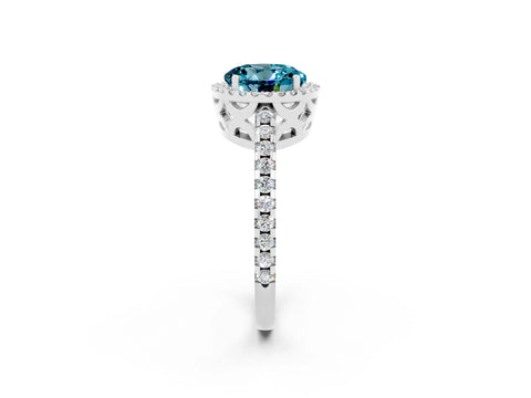 White gold Round Cut Blue Topaz Halo Engagement Ring with Pavé Band and Prong Setting_38