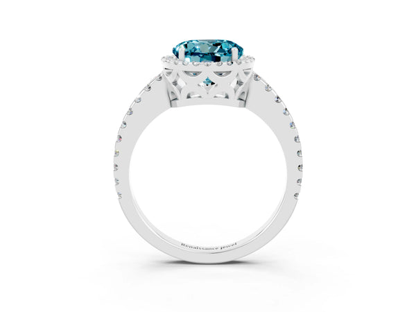 Platinum Round Cut Blue Topaz Halo Engagement Ring with Pavé Band and Prong Setting