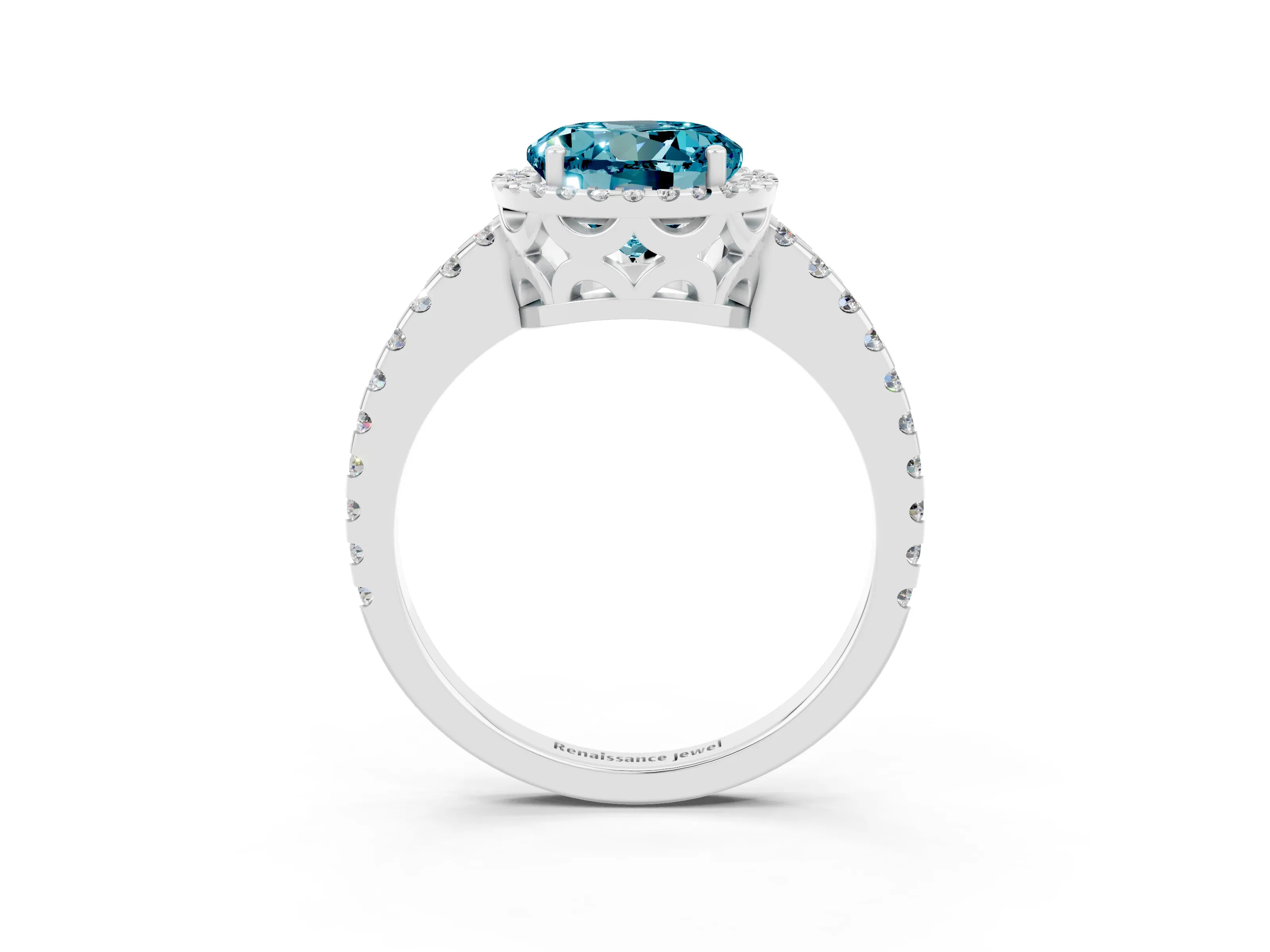 White gold Round Cut Blue Topaz Halo Engagement Ring with Pavé Band and Prong Setting_39