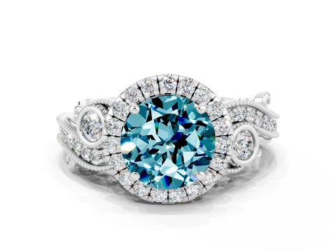 White gold Round Cut Blue Topaz Halo Ring with Milgrain Pavé Band and Four-Prong Setting_12