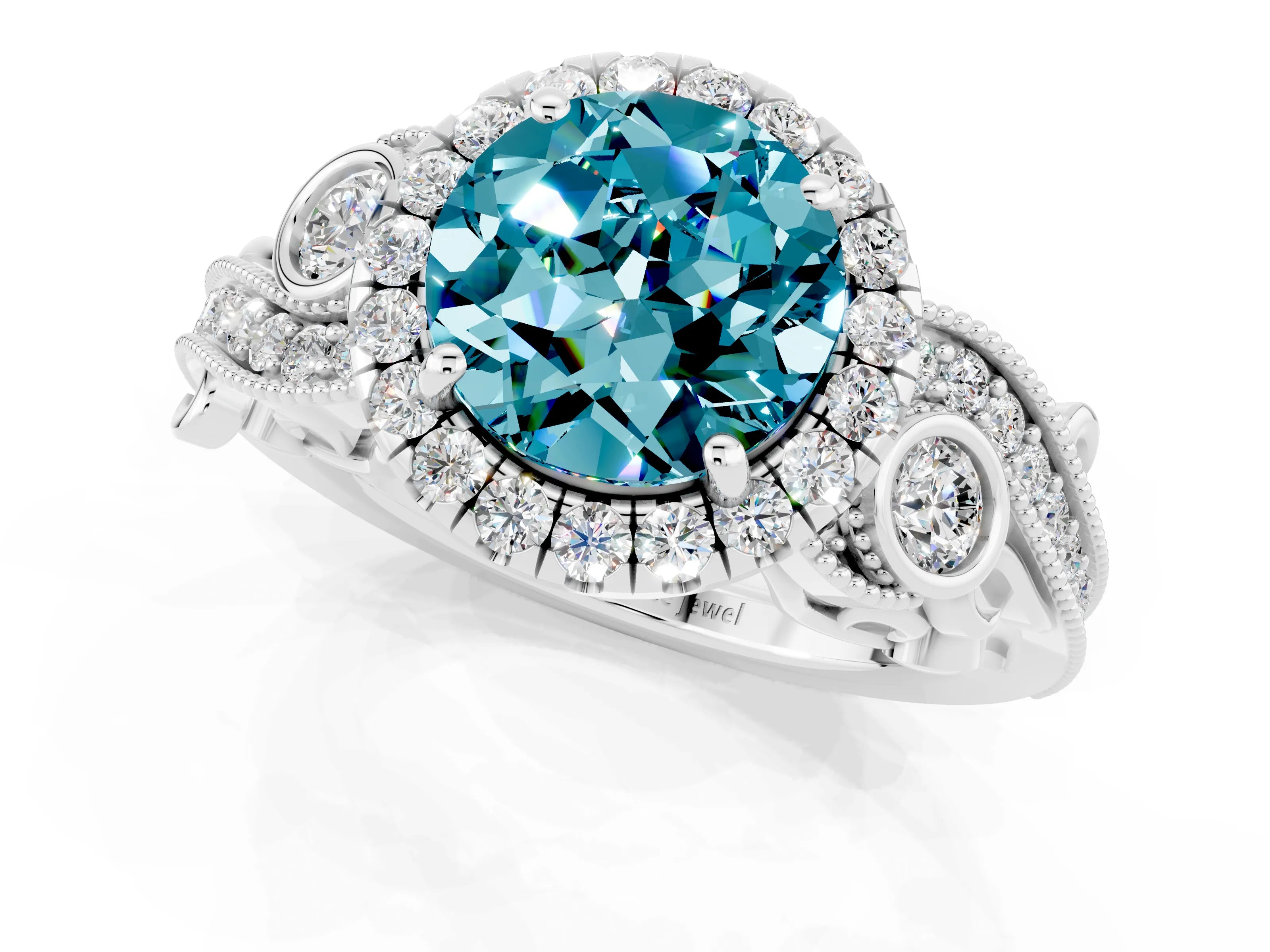 White gold Round Cut Blue Topaz Halo Ring with Milgrain Pavé Band and Four-Prong Setting_13
