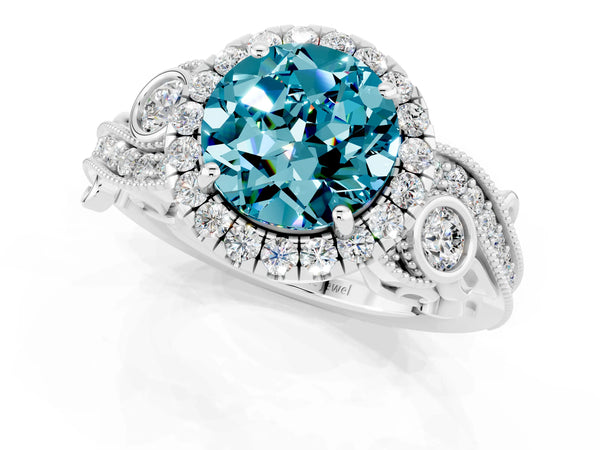 Silver Round Cut Blue Topaz Halo Ring with Milgrain Pavé Band and Four-Prong Setting