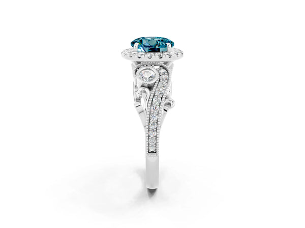 Silver Round Cut Blue Topaz Halo Ring with Milgrain Pavé Band and Four-Prong Setting