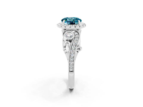 White gold Round Cut Blue Topaz Halo Ring with Milgrain Pavé Band and Four-Prong Setting_14