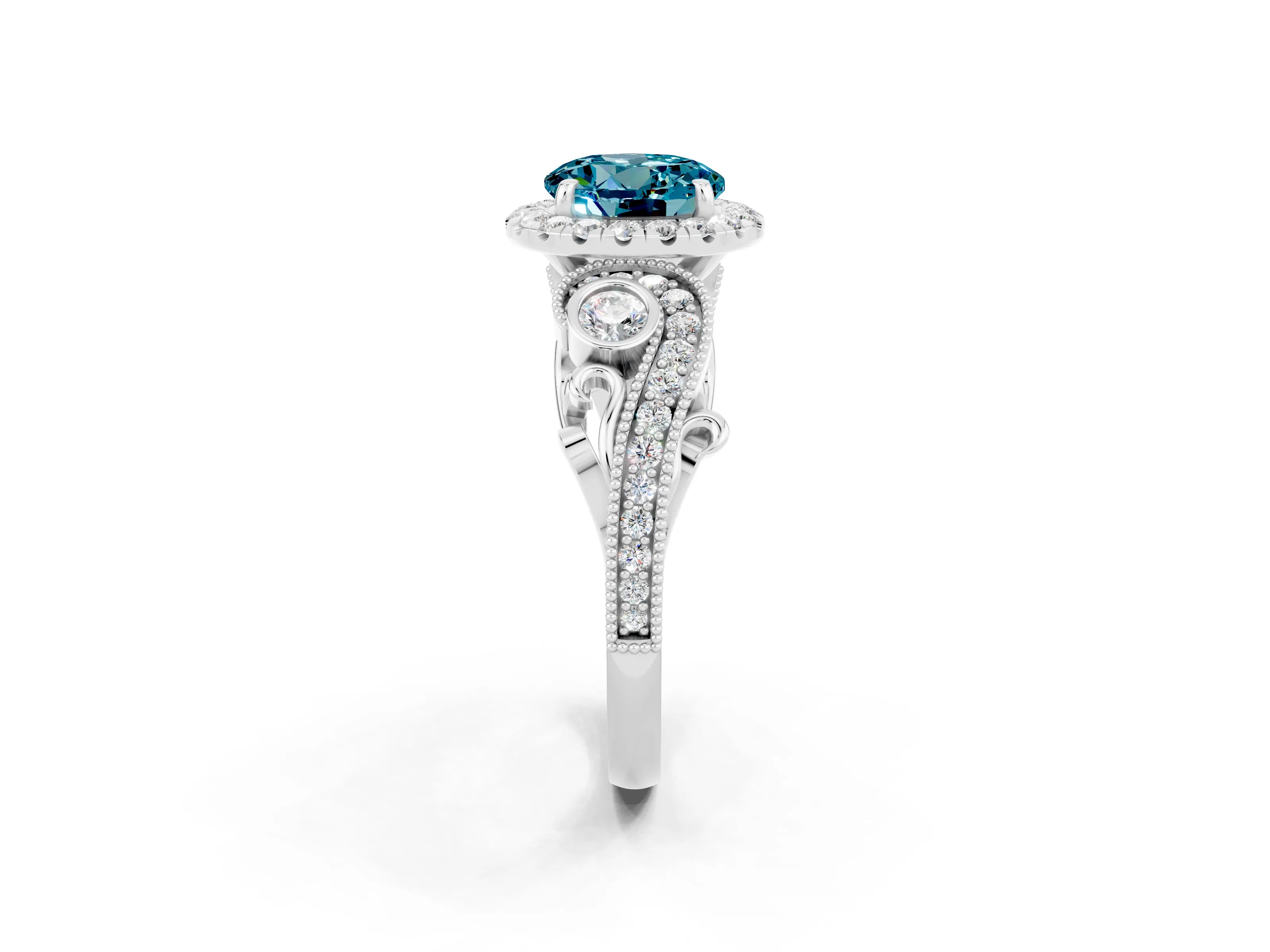 White gold Round Cut Blue Topaz Halo Ring with Milgrain Pavé Band and Four-Prong Setting_14