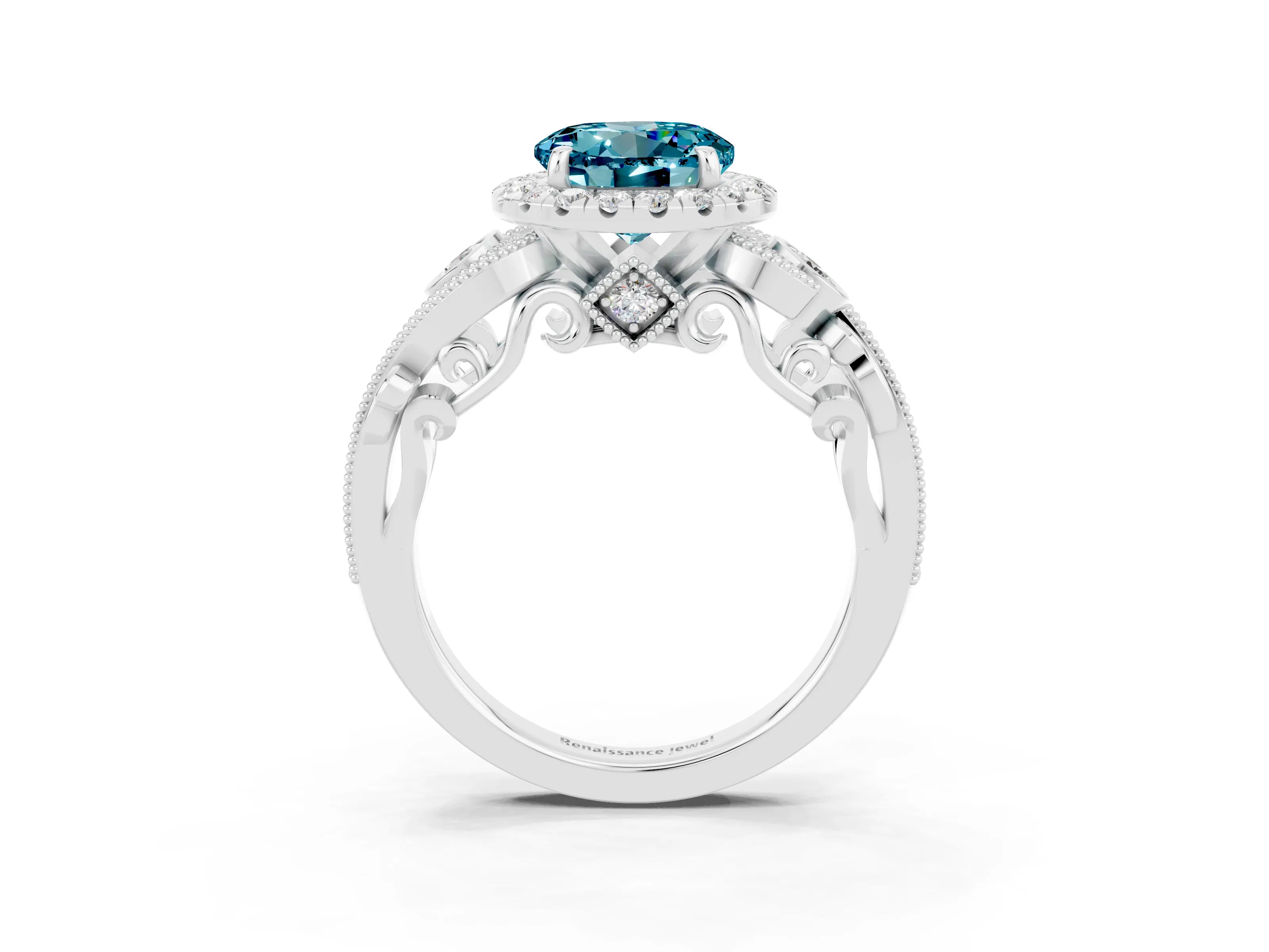 White gold Round Cut Blue Topaz Halo Ring with Milgrain Pavé Band and Four-Prong Setting_15