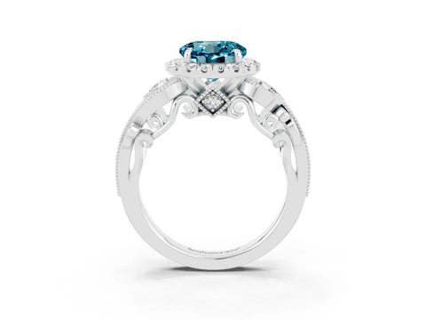White gold Round Cut Blue Topaz Halo Ring with Milgrain Pavé Band and Four-Prong Setting_15
