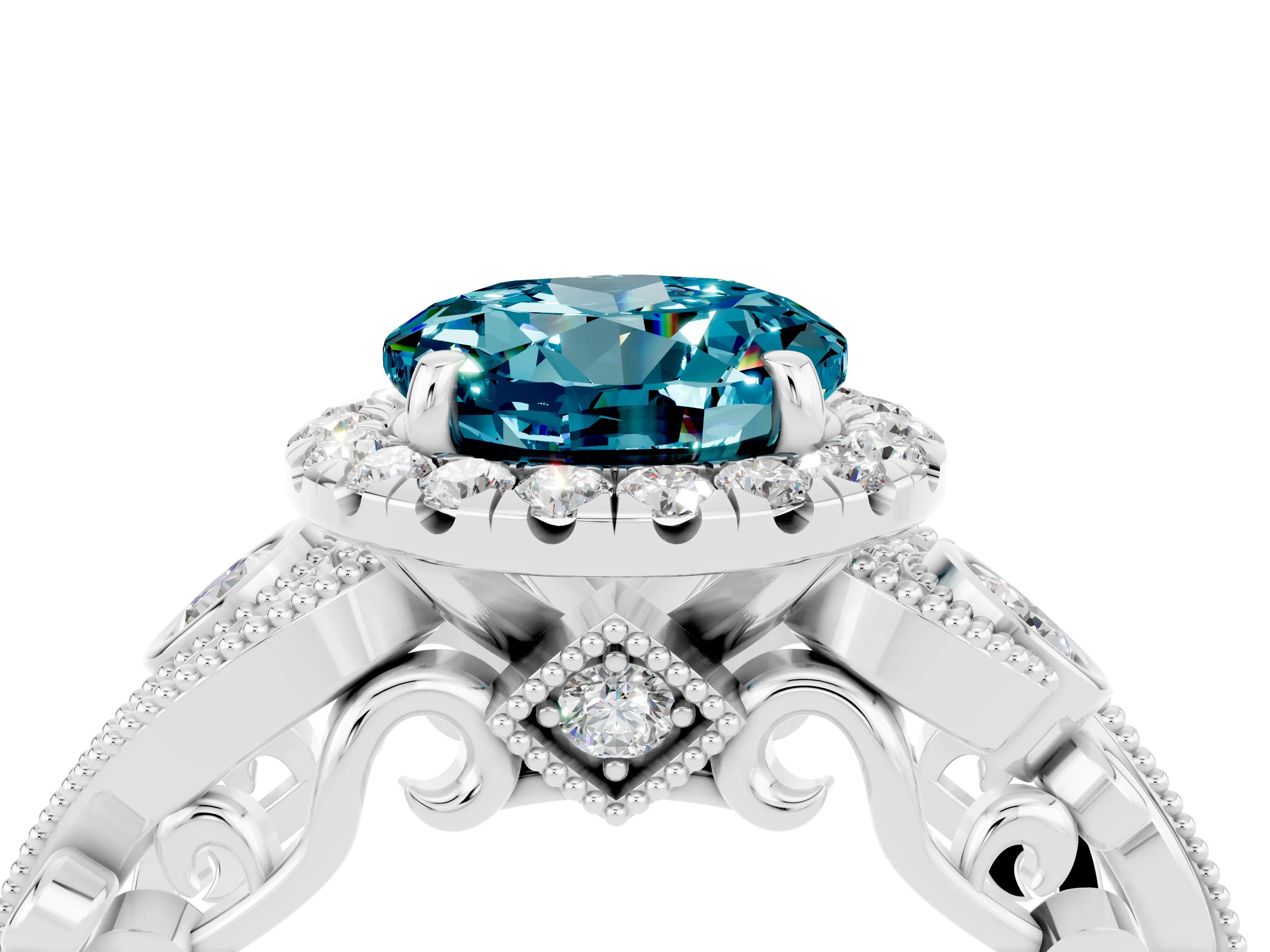White gold Round Cut Blue Topaz Halo Ring with Milgrain Pavé Band and Four-Prong Setting_16