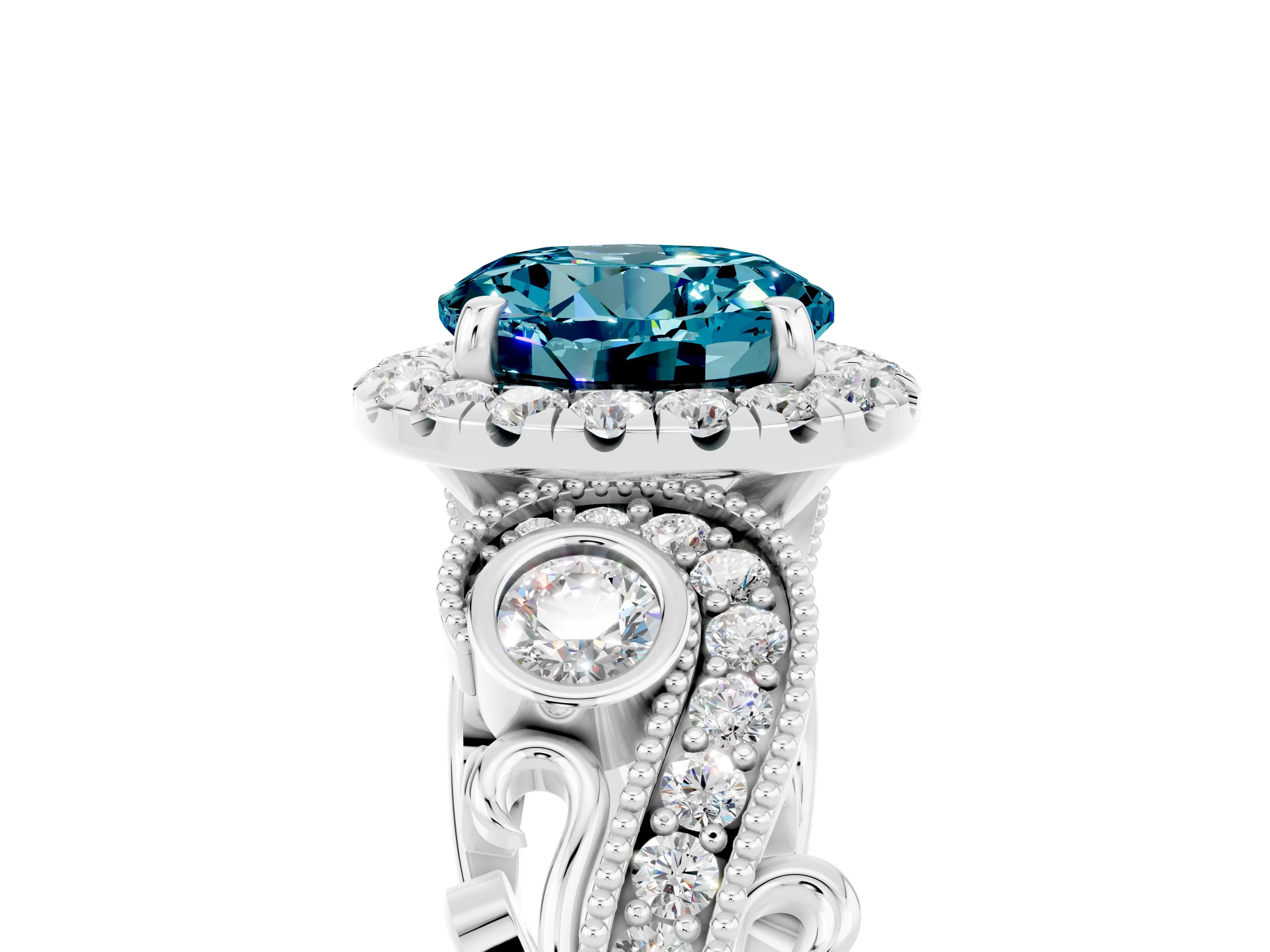 White gold Round Cut Blue Topaz Halo Ring with Milgrain Pavé Band and Four-Prong Setting_17
