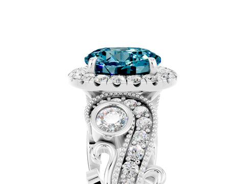 White gold Round Cut Blue Topaz Halo Ring with Milgrain Pavé Band and Four-Prong Setting_17