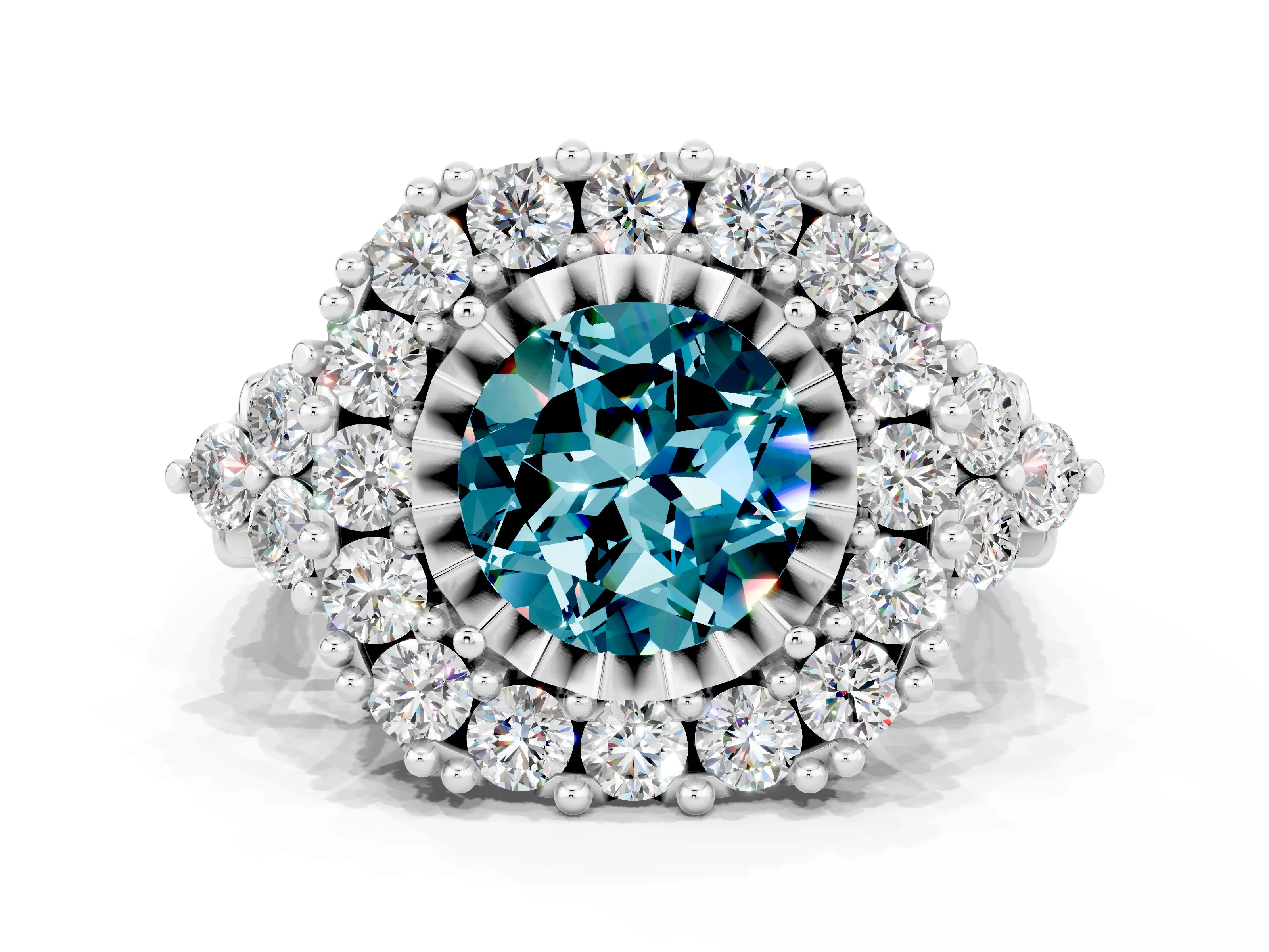 White gold Round Cut Blue Topaz Halo Ring with Pavé Band and Four-Prong Setting_12