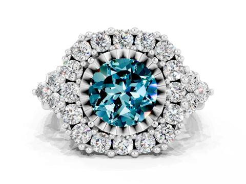 White gold Round Cut Blue Topaz Halo Ring with Pavé Band and Four-Prong Setting_12