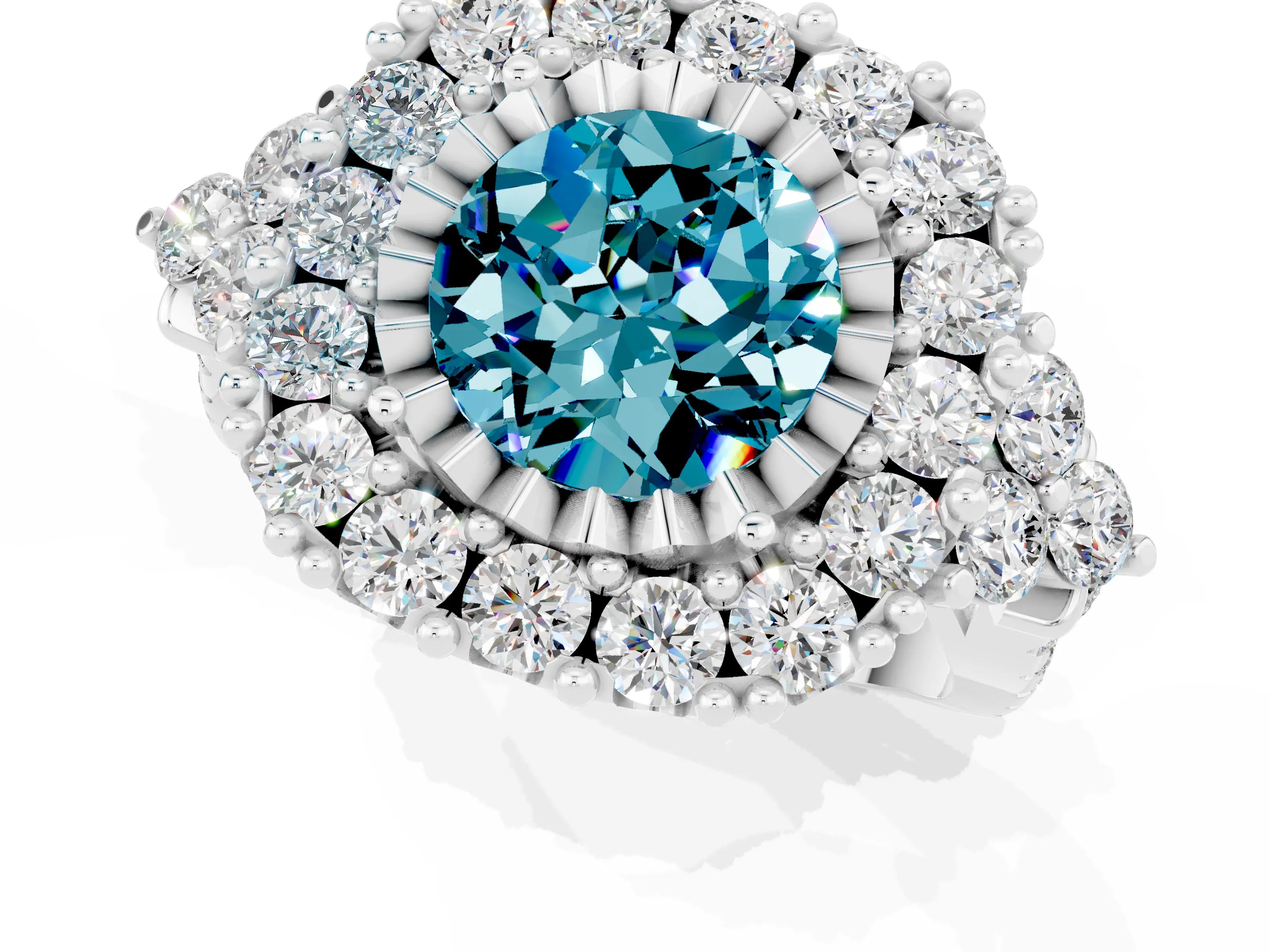 White gold Round Cut Blue Topaz Halo Ring with Pavé Band and Four-Prong Setting_13