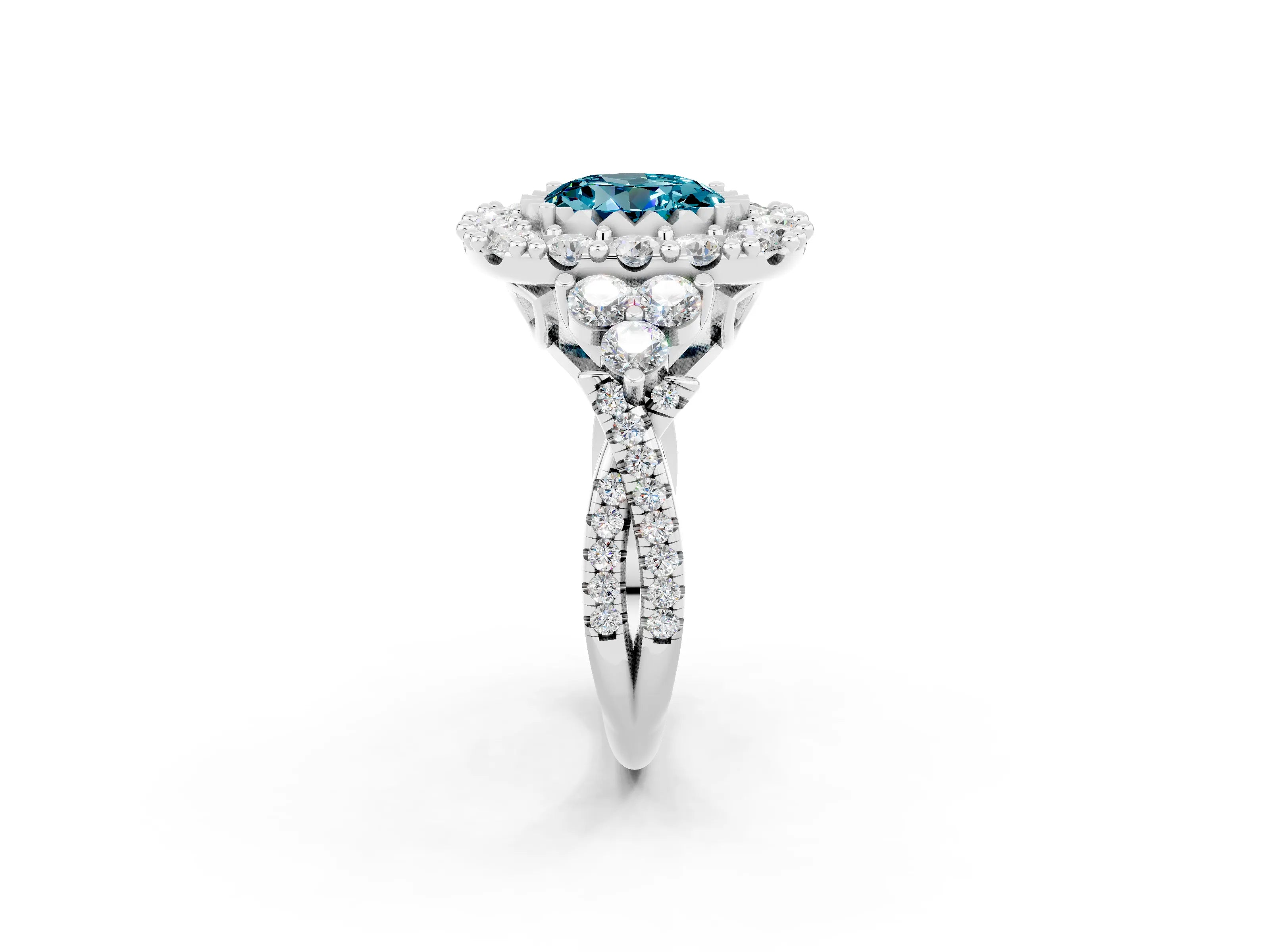 White gold Round Cut Blue Topaz Halo Ring with Pavé Band and Four-Prong Setting_14