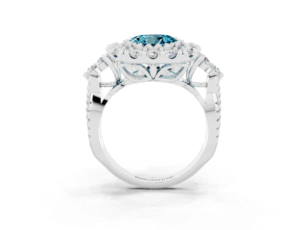 Silver Round Cut Blue Topaz Halo Ring with Pavé Band and Four-Prong Setting