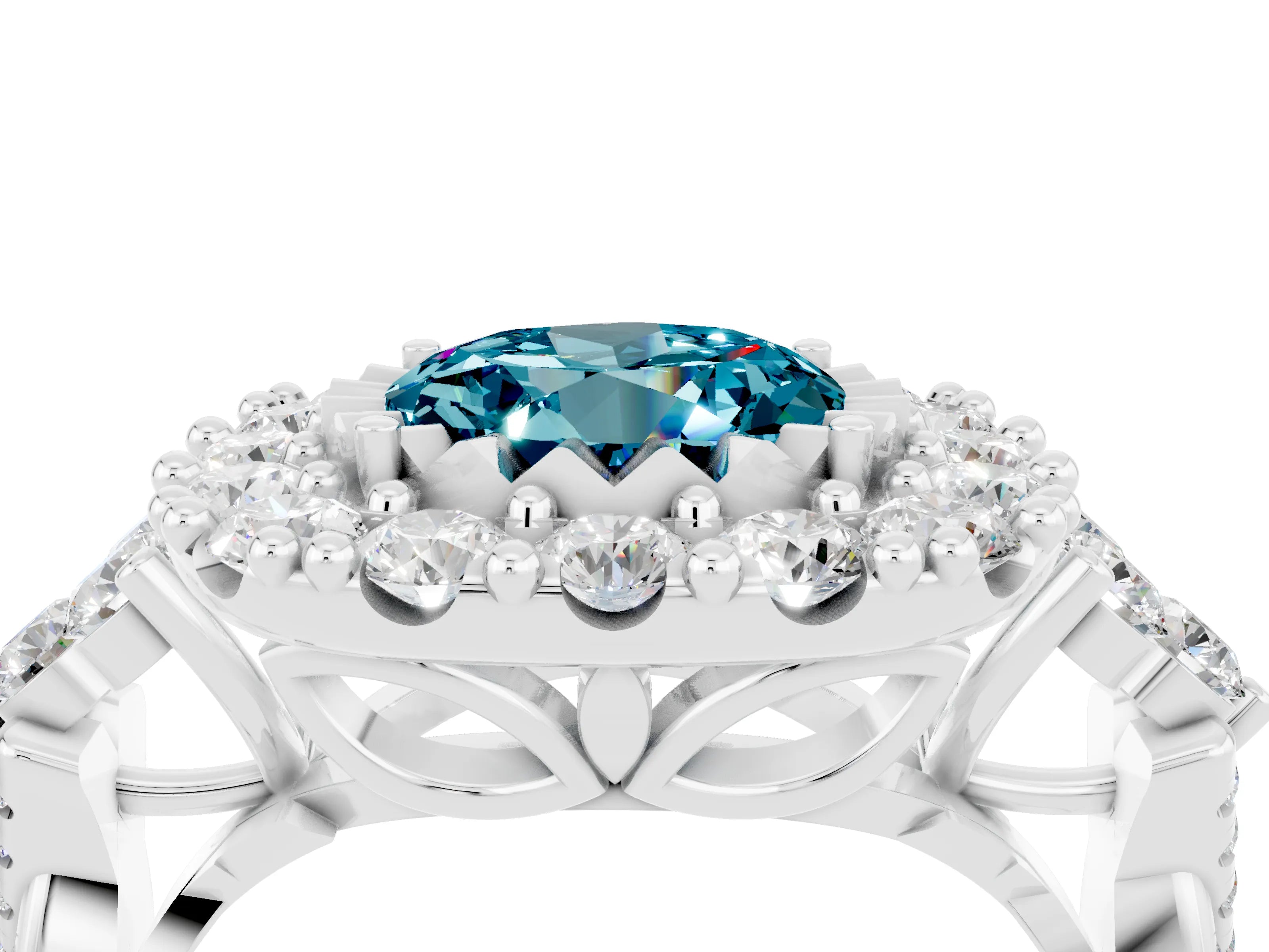 White gold Round Cut Blue Topaz Halo Ring with Pavé Band and Four-Prong Setting_16