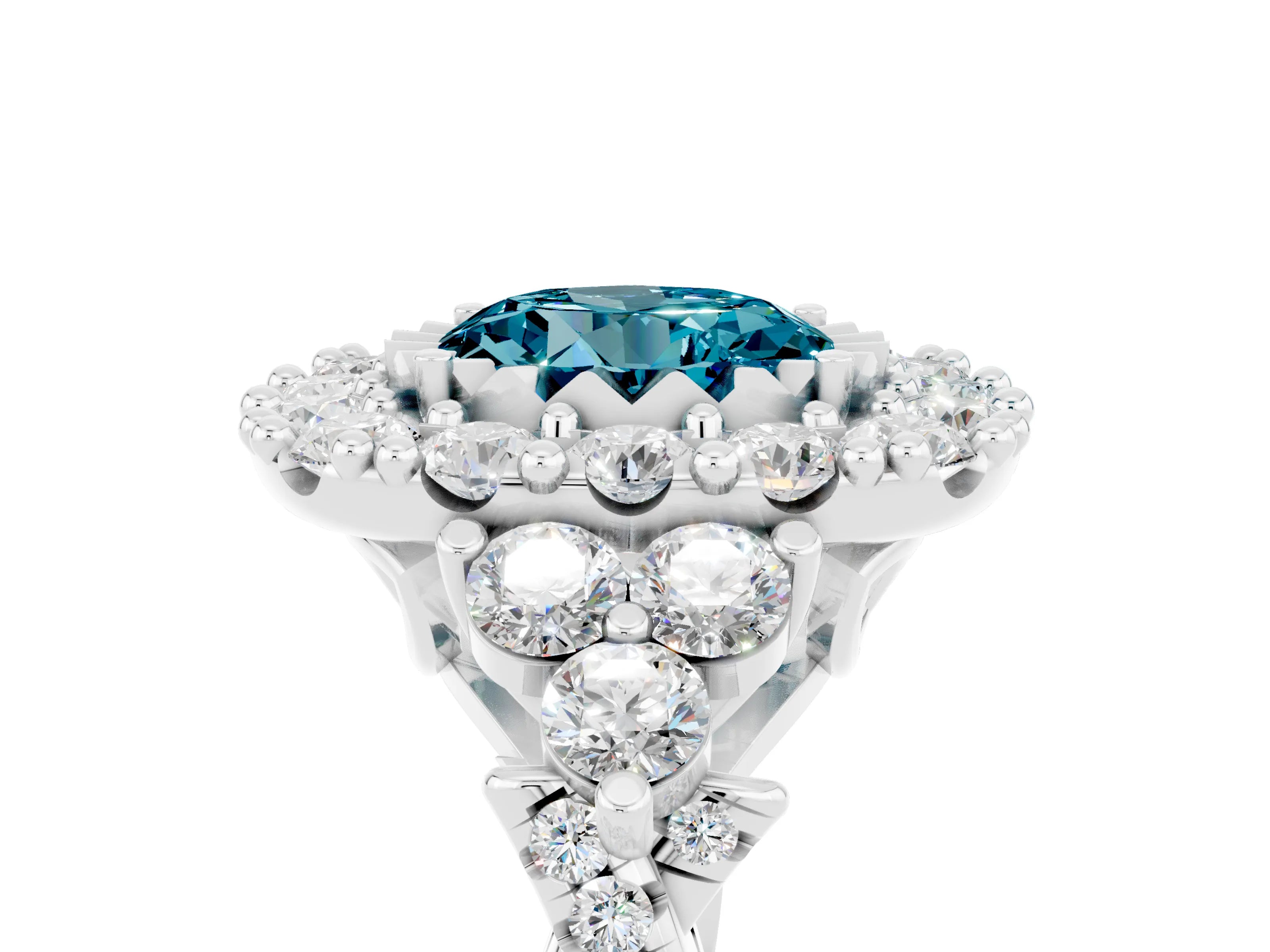 White gold Round Cut Blue Topaz Halo Ring with Pavé Band and Four-Prong Setting_17