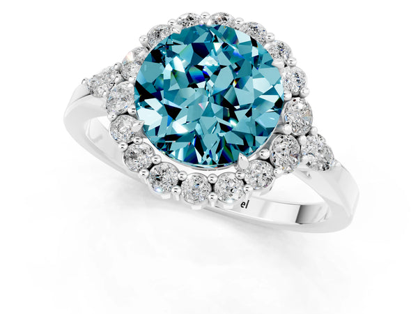 White gold Round Cut Blue Topaz Halo Ring with Pear Side Stones and Prong Setting