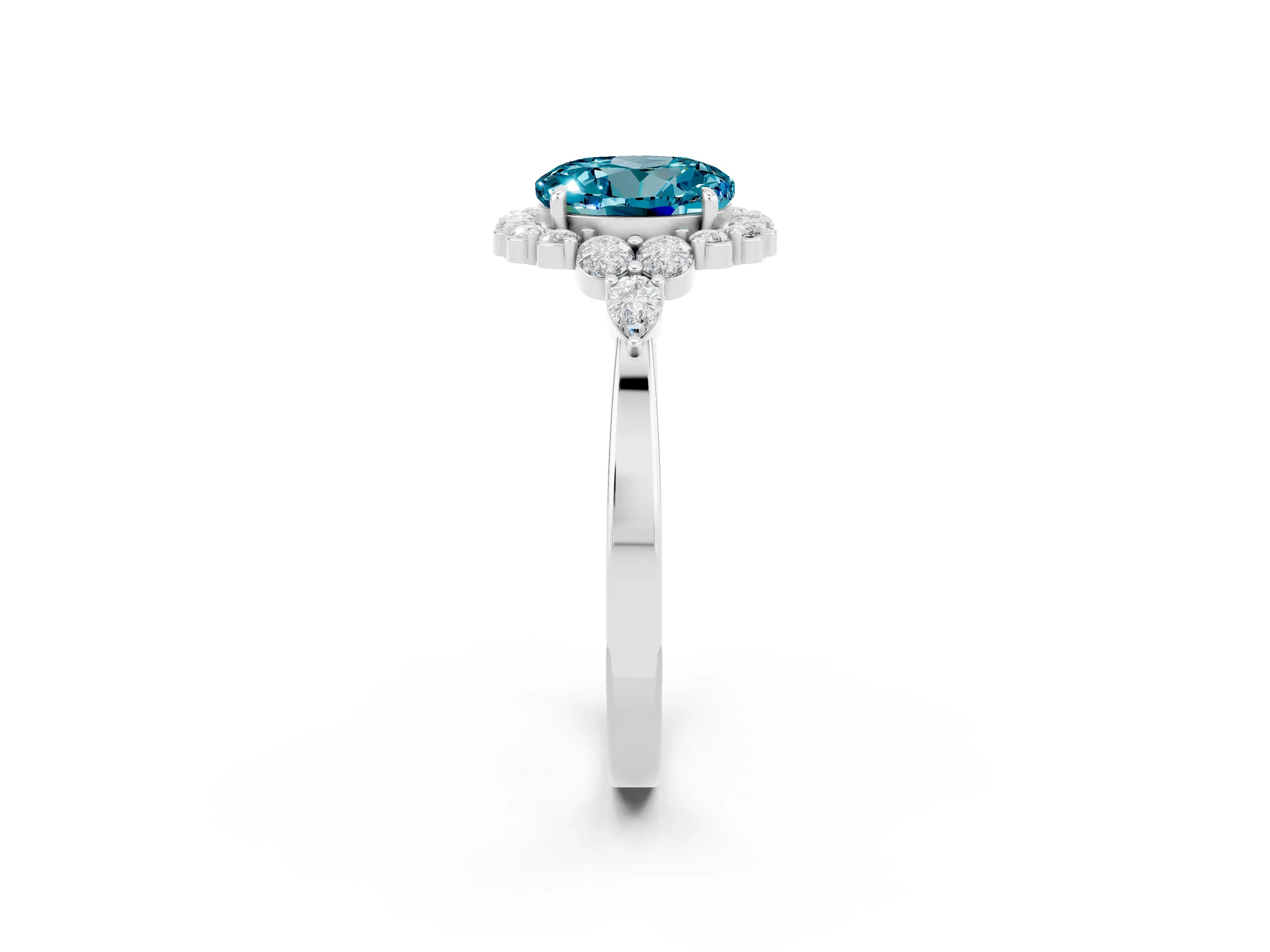White gold Round Cut Blue Topaz Halo Ring with Pear Side Stones and Prong Setting_26
