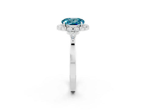 White gold Round Cut Blue Topaz Halo Ring with Pear Side Stones and Prong Setting_26