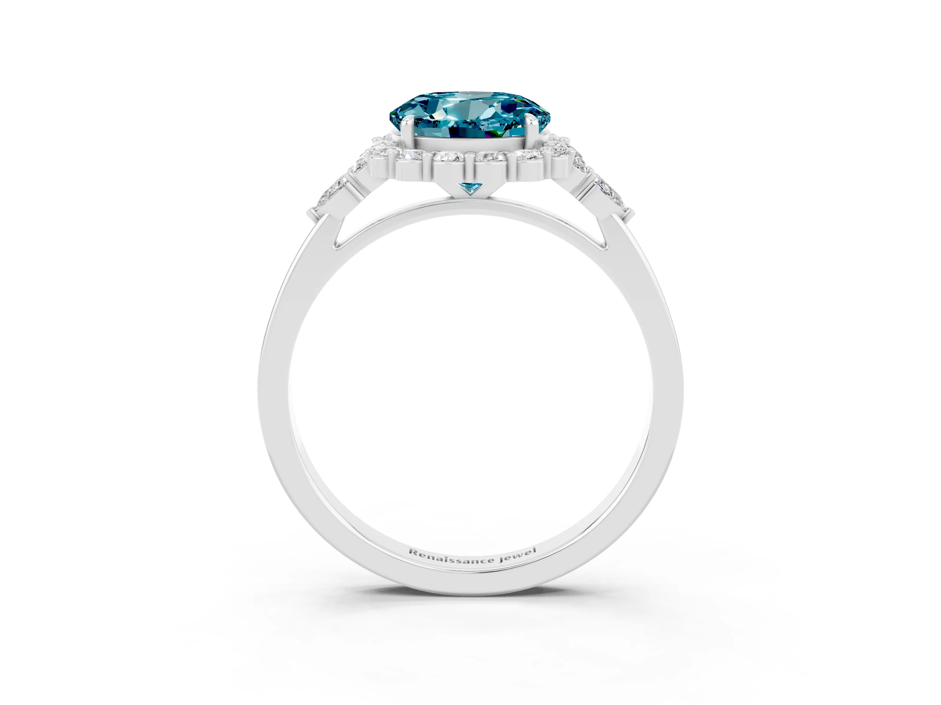 White gold Round Cut Blue Topaz Halo Ring with Pear Side Stones and Prong Setting_27