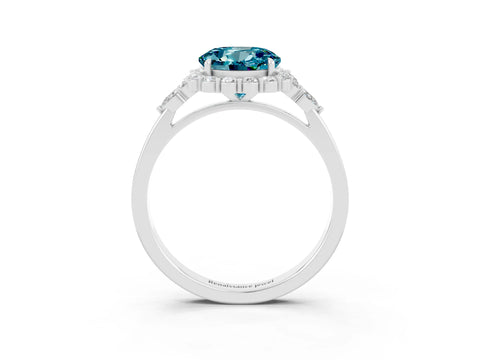 White gold Round Cut Blue Topaz Halo Ring with Pear Side Stones and Prong Setting_27