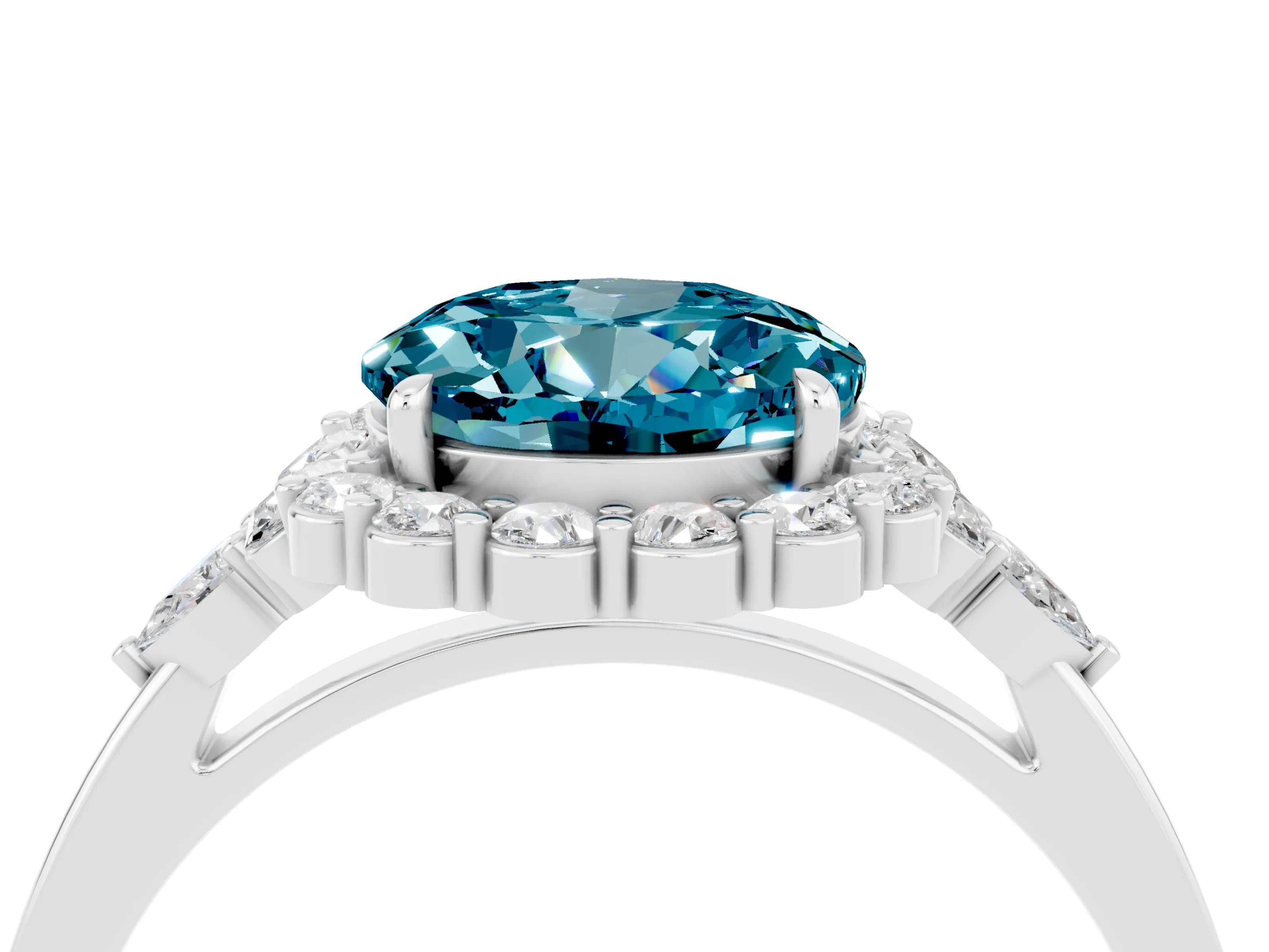 White gold Round Cut Blue Topaz Halo Ring with Pear Side Stones and Prong Setting_28