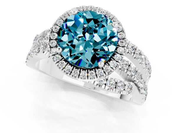 Platinum Round Cut Blue Topaz Halo Ring with Round Split Shank and Prong Setting