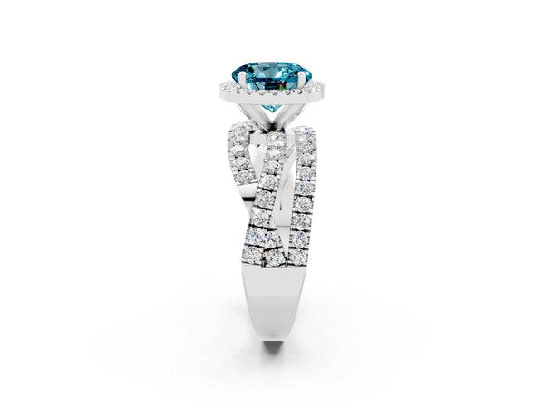 Platinum Round Cut Blue Topaz Halo Ring with Round Split Shank and Prong Setting