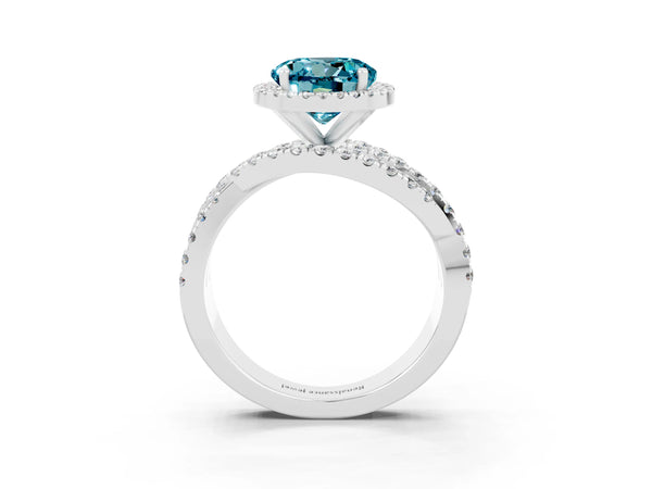 Silver Round Cut Blue Topaz Halo Ring with Round Split Shank and Prong Setting