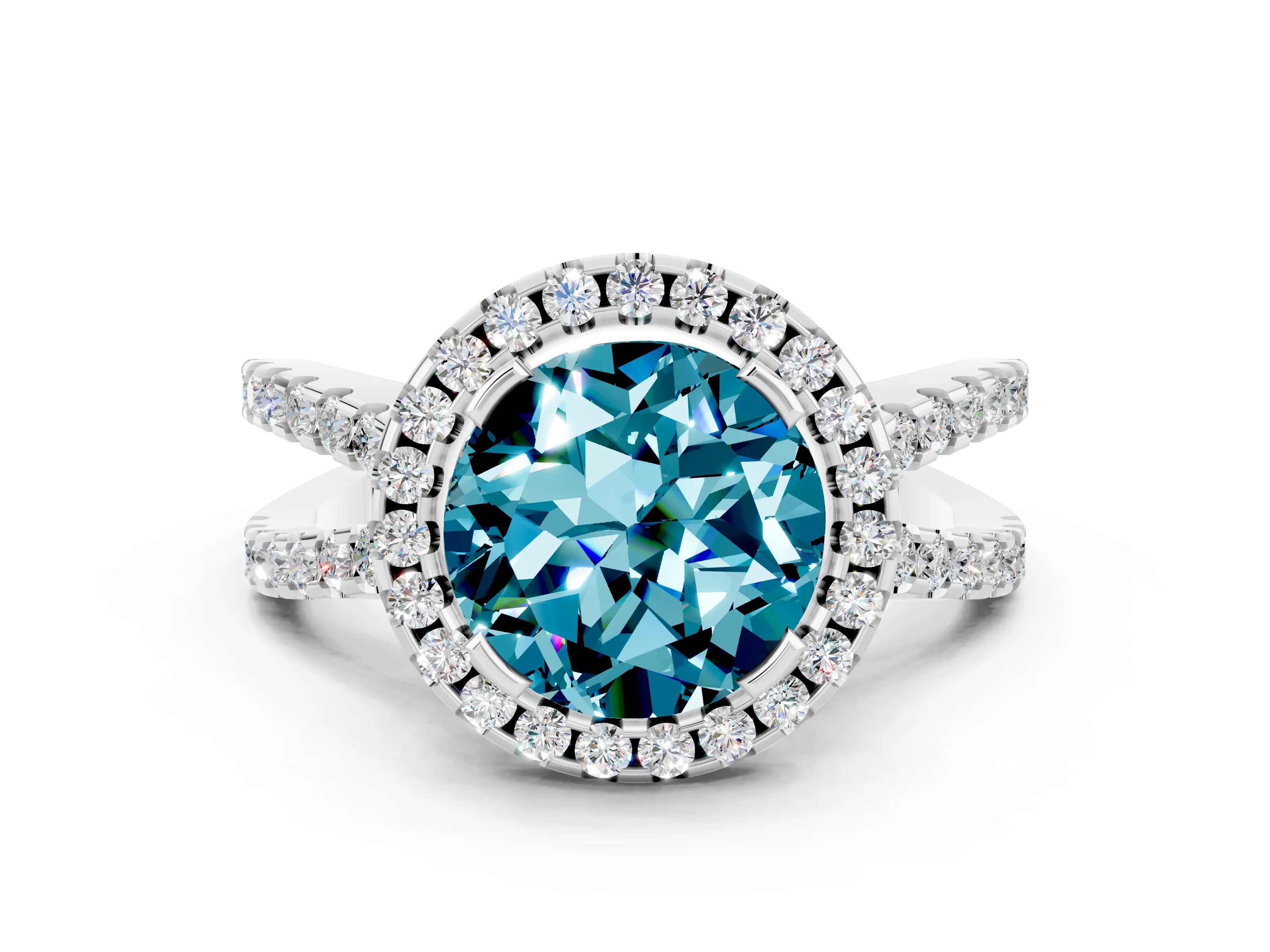 White gold Round Cut Blue Topaz Halo Ring with Split Shank Pavé Band and Prong Setting