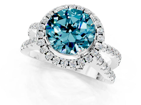 White gold Round Cut Blue Topaz Halo Ring with Split Shank Pavé Band and Prong Setting_1