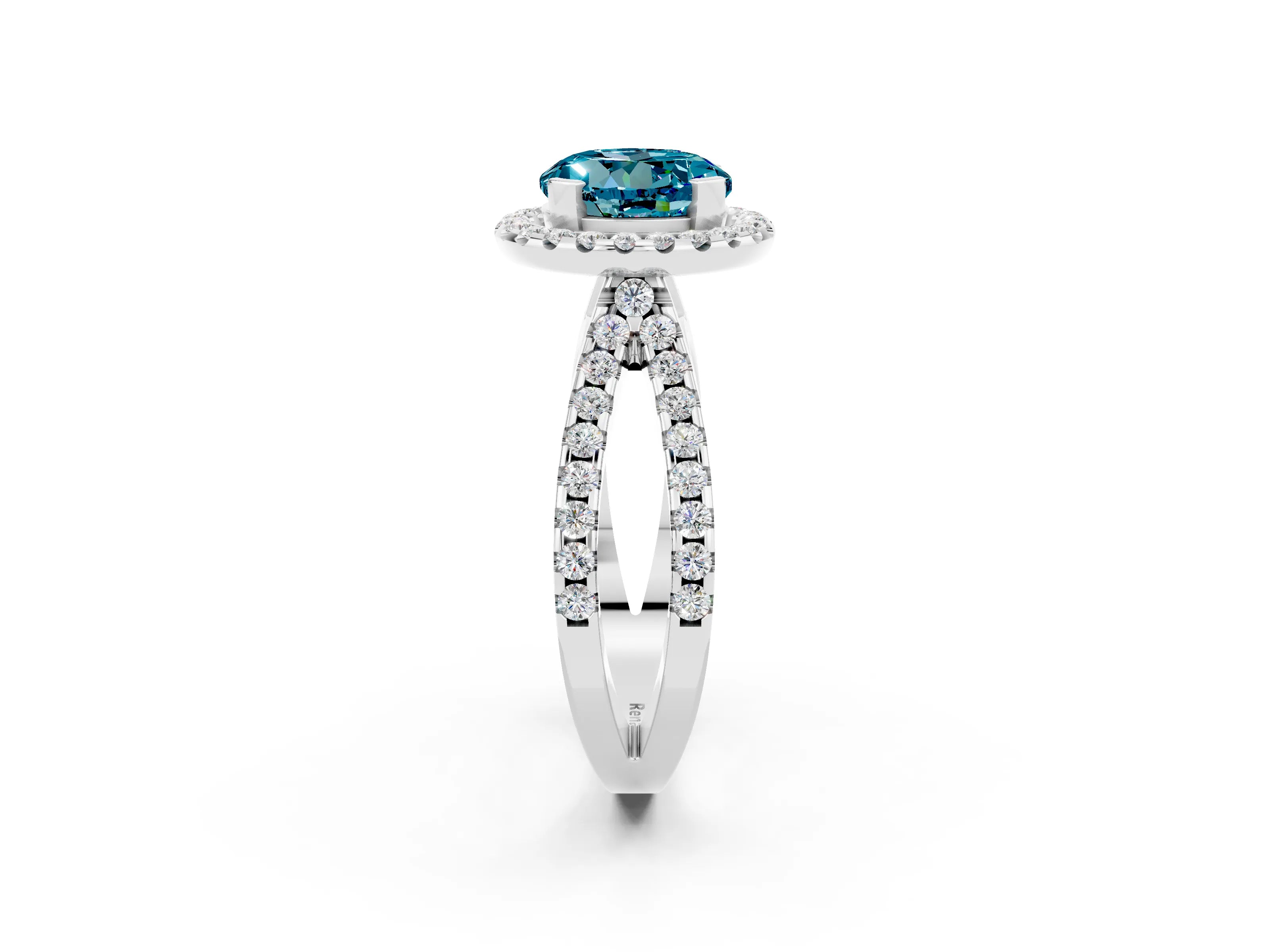 White gold Round Cut Blue Topaz Halo Ring with Split Shank Pavé Band and Prong Setting_2