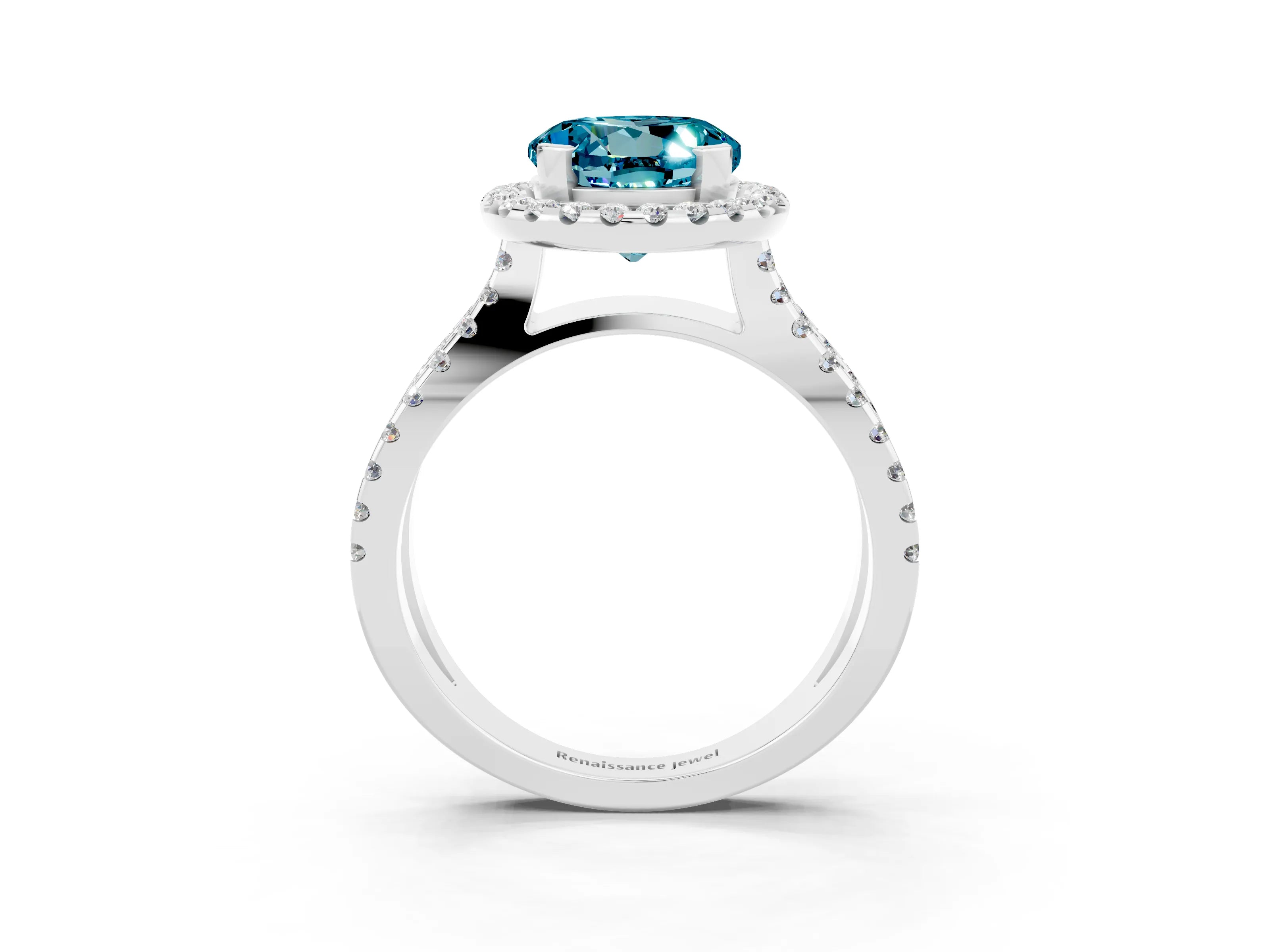 White gold Round Cut Blue Topaz Halo Ring with Split Shank Pavé Band and Prong Setting_3