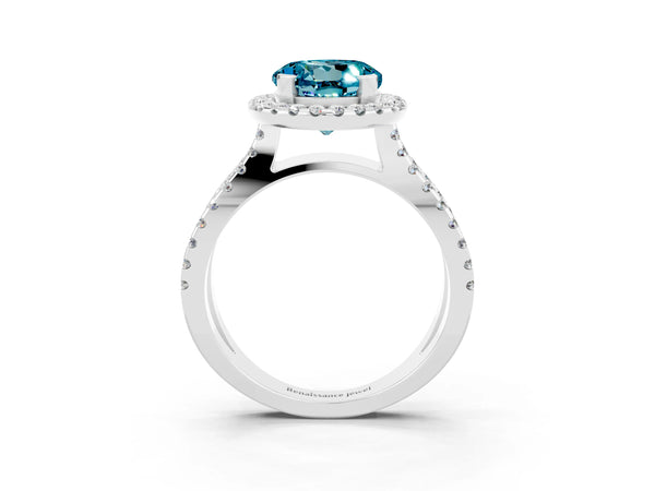 Silver Round Cut Blue Topaz Halo Ring with Split Shank Pavé Band and Prong Setting