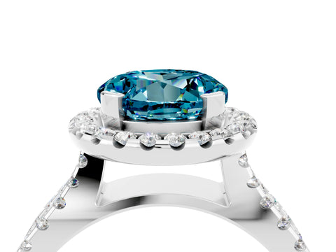 White gold Round Cut Blue Topaz Halo Ring with Split Shank Pavé Band and Prong Setting_4