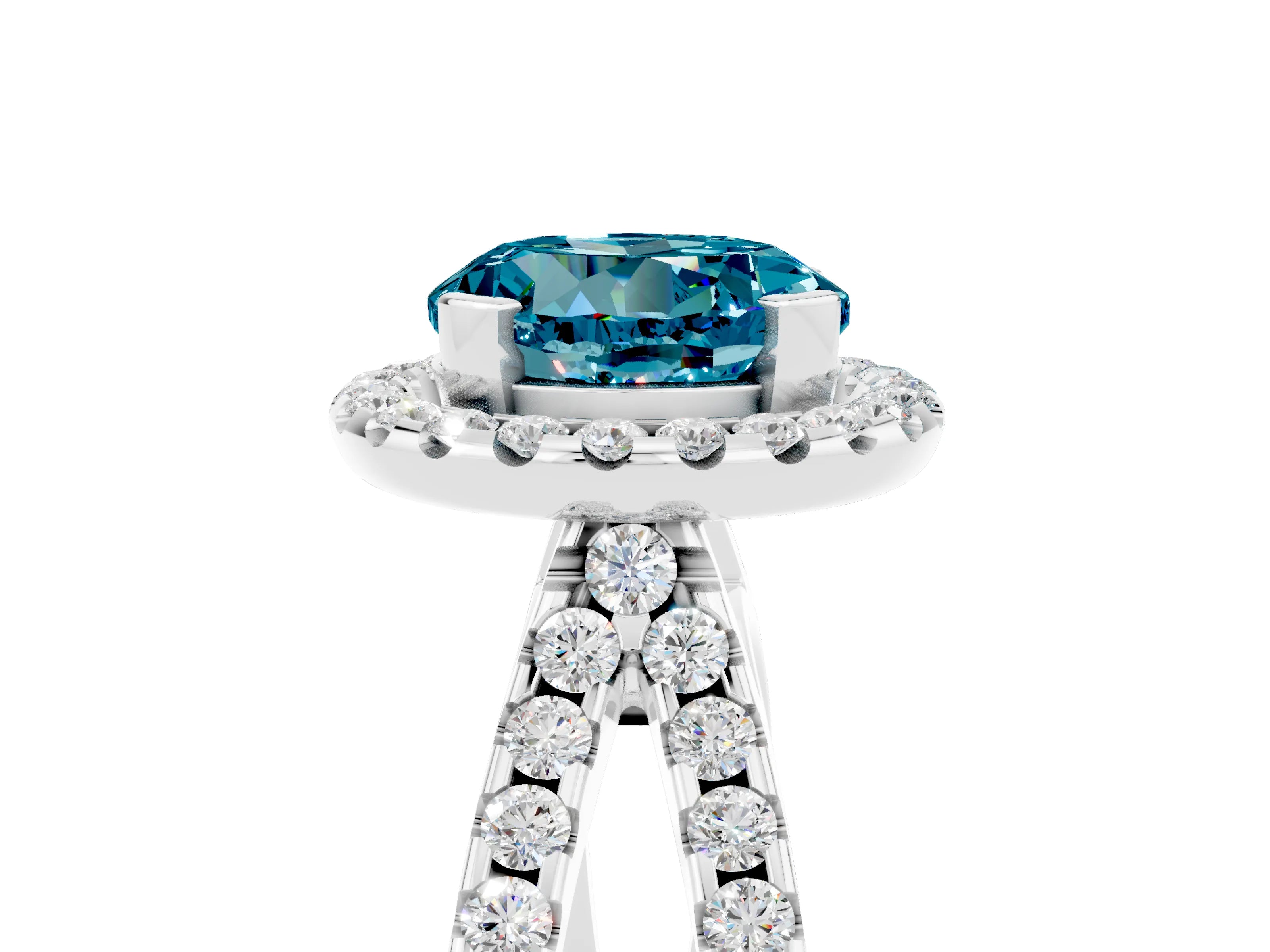 White gold Round Cut Blue Topaz Halo Ring with Split Shank Pavé Band and Prong Setting_5