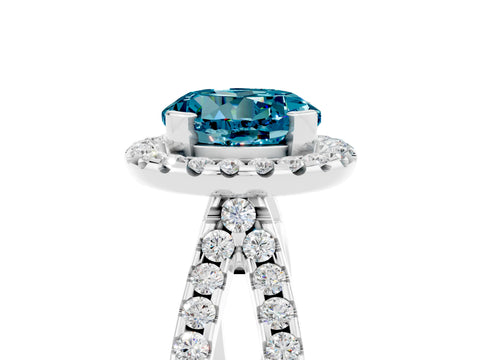 White gold Round Cut Blue Topaz Halo Ring with Split Shank Pavé Band and Prong Setting_5