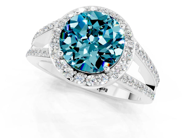 Platinum Round Cut Blue Topaz Halo Ring with Split Shank U-Prong Band and Four-Prong Setting