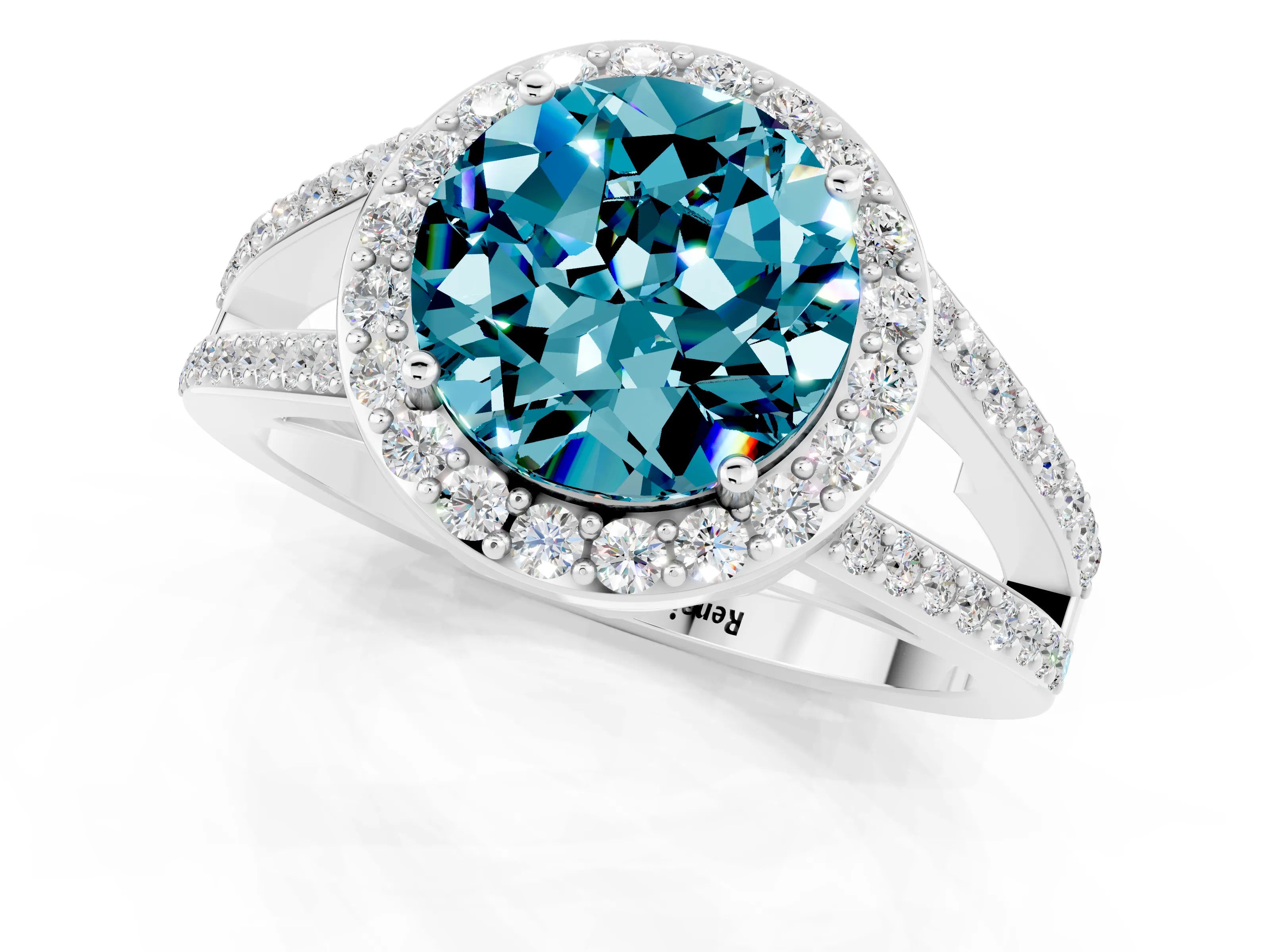 White gold Round Cut Blue Topaz Halo Ring with Split Shank U-Prong Band and Four-Prong Setting_1