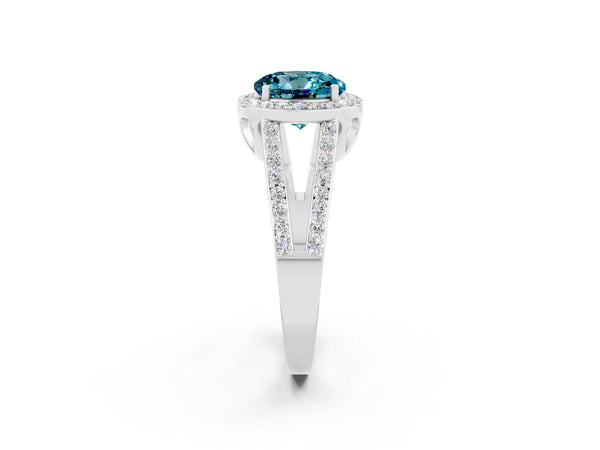 Platinum Round Cut Blue Topaz Halo Ring with Split Shank U-Prong Band and Four-Prong Setting