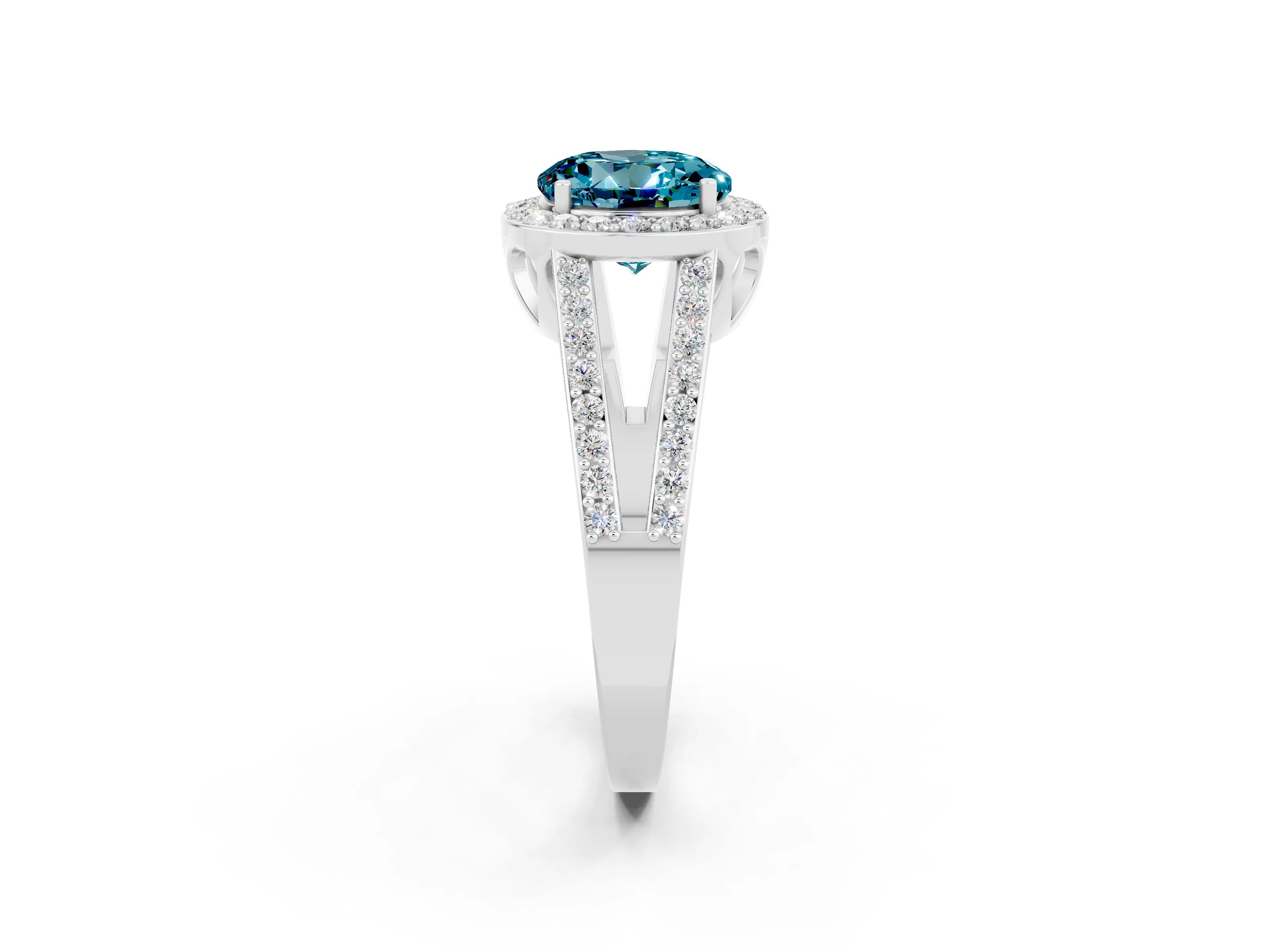 White gold Round Cut Blue Topaz Halo Ring with Split Shank U-Prong Band and Four-Prong Setting_2